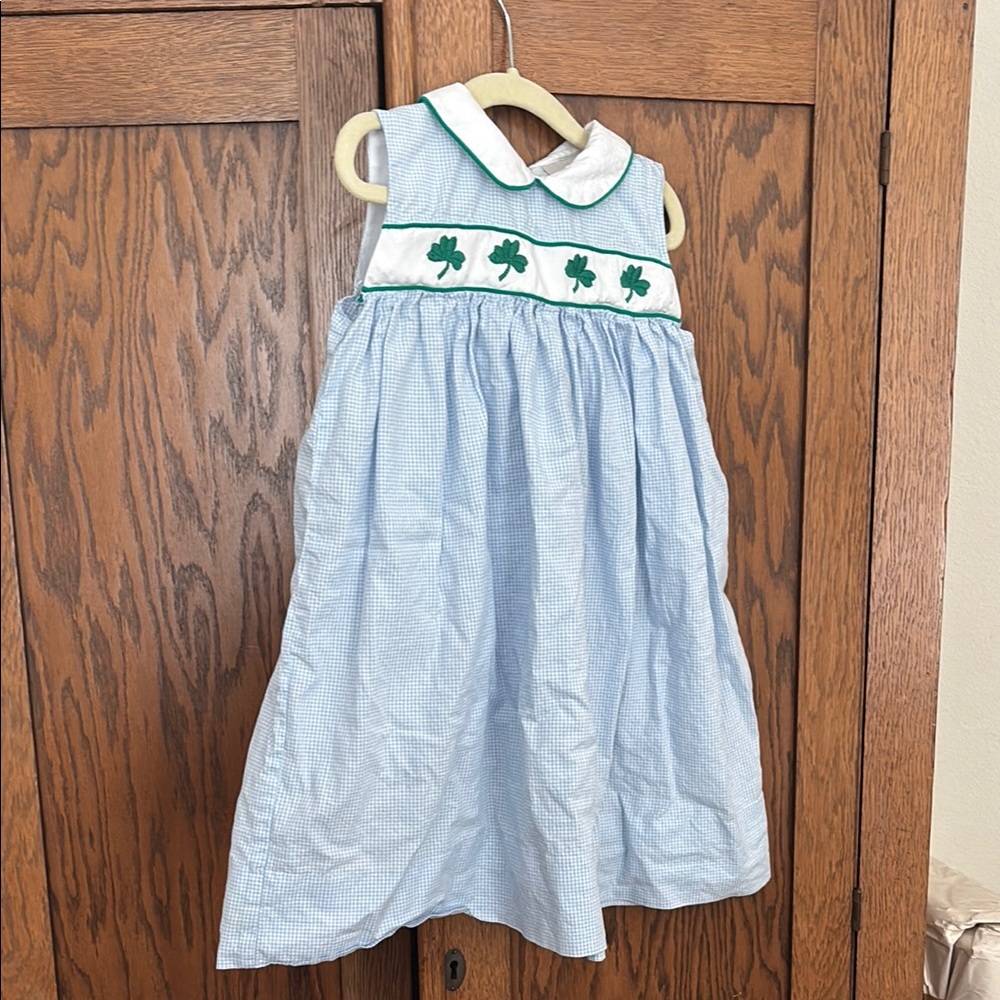 St Paddy’s Blue Gingham collared Dress with Shamrock Embroidery